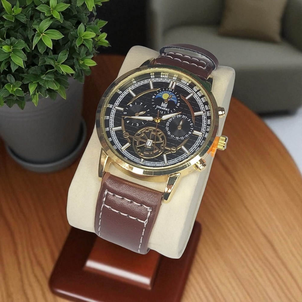 Brown Leather Chronograph Watch with Gold Accents